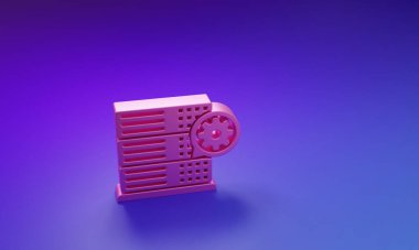 Mor-mavi arkaplanda Pembe Sunucu ve dişli simgesi izole edildi. Uygulama, servis konsepti, ayar seçenekleri, bakım, onarım, onarım. Minimalizm kavramı. 3 Boyutlu resimleme.