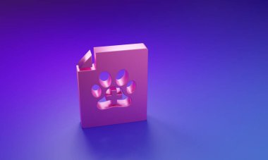 Mor-mavi arka planda izole edilmiş kedi veya köpek ikonu ile seyahat için pembe tıbbi sertifika. Evcil hayvan için belge. Köpek ya da kedi pençesi izi. Minimalizm kavramı. 3 Boyutlu resimleme.