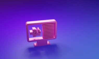 Mor-mavi arka planda izole edilmiş monitör ikonundaki pembe tıbbi kayıt evcil hayvanı. Sağlık sigortası formu. Reçete, tıbbi kontrol işaretleri raporu. Minimalizm kavramı. 3 Boyutlu resimleme.