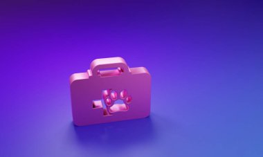 Mor-mavi arka planda pembe evcil hayvan ilk yardım seti simgesi izole edildi. Köpek ya da kedi pençesi izi. Klinik kutusu. Minimalizm kavramı. 3 Boyutlu resimleme.