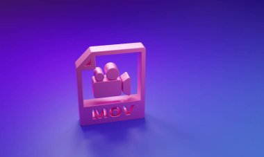 Pembe MOV dosya dökümanı. Mor-mavi arkaplanda mov simgesi indir. MOV dosya sembolü. Ses ve video koleksiyonu. Minimalizm kavramı. 3 Boyutlu resimleme.