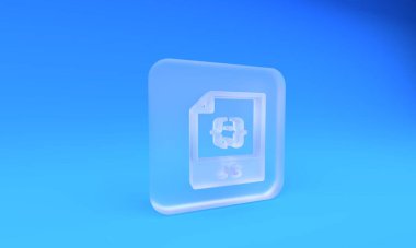 Buzlu cam JS dosya dökümanı. J düğmesi simgesi mavi arkaplanda izole edildi. JS dosya sembolü. Kare buzlu cam düğme. 3 Boyutlu resimleme.