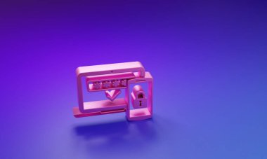 Pembe çoklu faktör, mor-mavi arkaplanda izole edilmiş iki basamaklı kimlik doğrulama simgesi. Minimalizm kavramı. 3 Boyutlu resimleme.