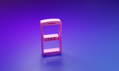 Mor-mavi arka planda izole edilmiş pembe cep telefonu ve şifre koruma simgesi. Güvenlik, güvenlik, kişisel erişim, kullanıcı izni, mahremiyet. Minimalizm kavramı. 3 Boyutlu resimleme.