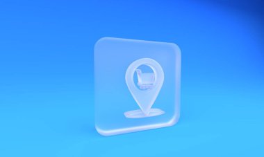 Mavi arka planda izole edilmiş alışveriş arabası ikonu olan buzlu cam harita işaretçisi. İğne dükkânı ve alışveriş. Süpermarket sepeti sembolü. Kare buzlu cam düğme. 3 Boyutlu resimleme.