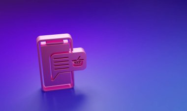 Pembe cep telefonu ve mor-mavi arka planda izole edilmiş alışveriş sepeti simgesi. İnternetten satın alma sembolü. Süpermarket sepeti sembolü. Minimalizm kavramı. 3 Boyutlu resimleme.