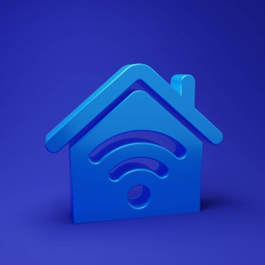 Mavi arka planda kablosuz ağ ikonu olan Blue Smart evi. Uzaktan kumanda. Minimalizm kavramı. 3 Boyutlu resimleme.