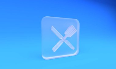 Buzlu cam çapraz bıçak ve mavi arka planda izole edilmiş spatula ikonu. Barbekü bıçağı ve spatula işareti. Barbekü ve ızgara aletleri. Kare buzlu cam düğme. 3 Boyutlu resimleme.