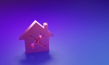 Pembe Ev ya da mor-mavi arka planda izole edilmiş tornavida ve ingiliz anahtarı ikonu olan ev. Ayarlama, servis, ayar, bakım, onarım, onarım. Minimalizm kavramı. 3 Boyutlu resimleme.
