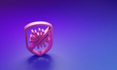 Pembe Durak virüsü, bakteriler, mikroplar ve mor-mavi arka planda izole edilmiş mikrop ikonu. Antibakteriyel ve antiviral savunma, koruma enfeksiyonu. Minimalizm kavramı. 3 Boyutlu resimleme.