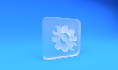 Buzlu cam anahtarı ve vites simgesi mavi arka planda izole edilmiş. Ayarlama, servis, ayar, bakım, onarım, onarım. Kare buzlu cam düğme. 3 Boyutlu resimleme.