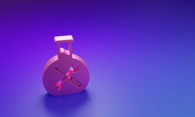 Mor-mavi arka planda izole edilmiş, tornavidalı ve anahtar ikonlu pembe biyomühendislik. Ayarlama, servis, ayar, bakım, onarım, onarım. Minimalizm kavramı. 3 Boyutlu resimleme.