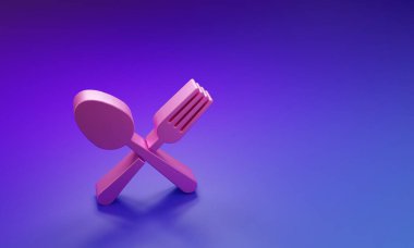 Mor-mavi arka planda izole edilmiş pembe çatal ve kaşık ikonu. Mutfak aletleri. Çatal bıçak seti. Minimalizm kavramı. 3 Boyutlu resimleme.