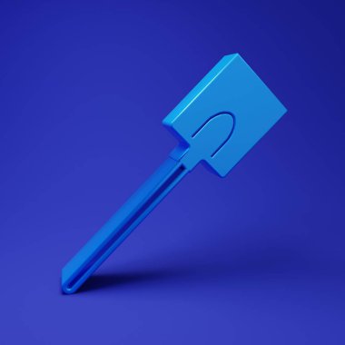 Mavi arka planda izole edilmiş Mavi Bahçe kürek ikonu. Bahçe aletleri. Bahçecilik, tarım, çiftçilik aleti. Minimalizm kavramı. 3 Boyutlu resimleme.