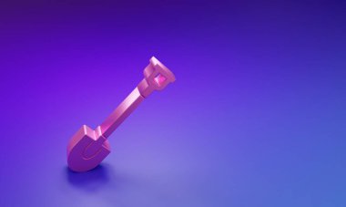 Mor-mavi arka planda izole edilmiş pembe bahçe kürek ikonu. Bahçe aletleri. Bahçecilik, tarım, çiftçilik aleti. Minimalizm kavramı. 3 Boyutlu resimleme.