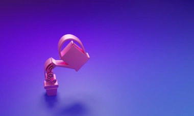 Pembe sulama suyu, çiçeğin üzerine damlalar. Mor-mavi arka planda izole edilmiş bir saksı ikonu. Sulama sembolü. Minimalizm kavramı. 3 Boyutlu resimleme.