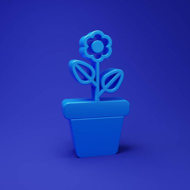 Mavi arkaplanda mavi çiçek ikonu izole edildi. Tencerede yetişen bir bitki. Saksı bitkisi işareti. Minimalizm kavramı. 3 Boyutlu resimleme.