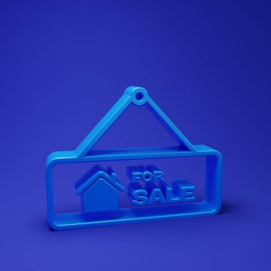 Mavi arka planda satılık simgesinin izole edildiği mavi asılma işareti. Satılık mesajlı pano. Minimalizm kavramı. 3 Boyutlu resimleme.