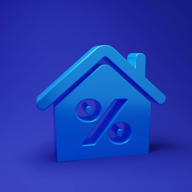 Mavi arka planda izole edilmiş indirimli etiket simgesine sahip Mavi Saray. Evin yüzdesi tabela fiyatı. Emlak evi. Kredi yüzdesi sembolü. Minimalizm kavramı. 3 Boyutlu resimleme.