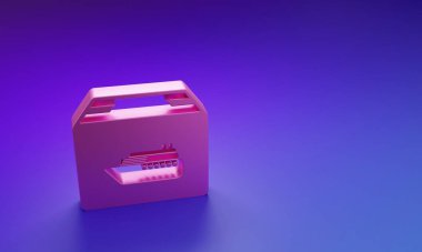 Mor-mavi arka planda izole edilmiş kutu servis ikonu olan pembe kargo gemisi. Teslimat, ulaşım. Paketleri, kutuları, malları olan bir şilep. Minimalizm kavramı. 3 Boyutlu resimleme.