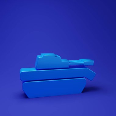 Mavi askeri tank ikonu mavi arka planda izole edildi. Minimalizm kavramı. 3 Boyutlu resimleme.