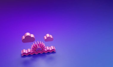 Mor-mavi arkaplanda izole edilmiş pembe günbatımı simgesi. Minimalizm kavramı. 3 Boyutlu resimleme.