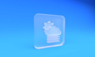 Buzlu cam sis ve bulut. Mavi arka planda güneş ikonu var. Kare buzlu cam düğme. 3 Boyutlu resimleme.