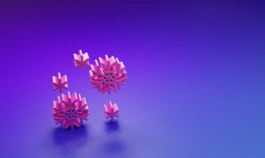 Mor-mavi arkaplanda izole edilmiş pembe kar simgesi. Minimalizm kavramı. 3 Boyutlu resimleme.
