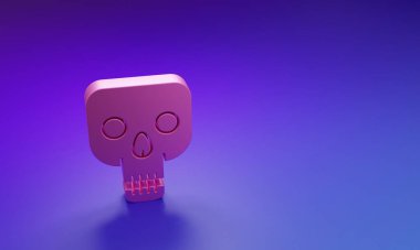 Mor-mavi arka planda izole edilmiş Pembe Kafatası simgesi. Mutlu Cadılar Bayramı Partisi. Minimalizm kavramı. 3 Boyutlu resimleme.