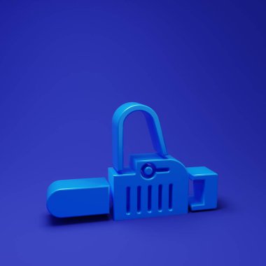Mavi Testere simgesi mavi arkaplanda izole edildi. Minimalizm kavramı. 3 Boyutlu resimleme.