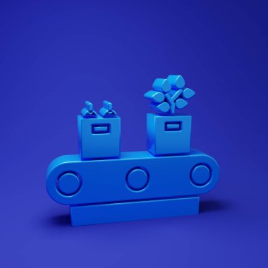 Mavi arkaplanda karton kutu simgesi olan mavi taşıma bandı. Minimalizm kavramı. 3 Boyutlu resimleme.