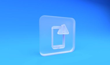 Mavi zemin üzerinde ünlem işareti simgesi olan buzlu cam cep telefonu. Uyarı mesajı akıllı telefon uyarısı. Kare buzlu cam düğme. 3 Boyutlu resimleme.