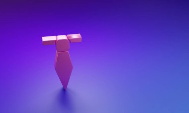 Mor-mavi arkaplanda izole edilmiş pembe kravat simgesi. Boyunbağı ve boyun bezi sembolü. Minimalizm kavramı. 3 Boyutlu resimleme.