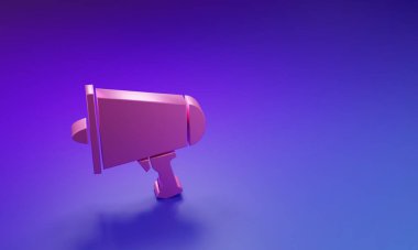 Pembe kelimeyi yayın, megafon simgesi mor-mavi arkaplanda izole edilmiş. Minimalizm kavramı. 3 Boyutlu resimleme.