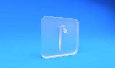 Buzlu cam, mavi arka planda izole edilmiş plastik saman simgesi içiyor. Kare buzlu cam düğme. 3 Boyutlu resimleme.