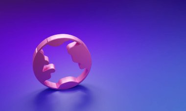 Mor-mavi arkaplanda izole edilmiş pembe Dünya küre ikonu. Dünya ya da Dünya işareti. Küresel internet sembolü. Geometrik şekiller. Minimalizm kavramı. 3 Boyutlu resimleme.