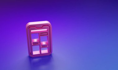 Mor-mavi arka planda izole edilmiş cep telefonu ikonu üzerinde Pembe Online alışveriş. İnternet dükkanı, mobil mağaza uygulaması ve faturalar. Minimalizm kavramı. 3 Boyutlu resimleme.