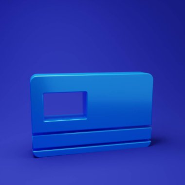 Mavi kredi kartı simgesi mavi arkaplanda izole edildi. Çevrimiçi ödeme. Nakit çekilmesi. Finansal operasyonlar. Alışveriş tabelası. Minimalizm kavramı. 3 Boyutlu resimleme.