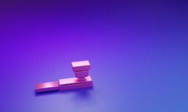 Mor-mavi arka planda izole edilmiş duman simgesi olan pembe tüttürme piposu. Tütün piposu. Minimalizm kavramı. 3 Boyutlu resimleme.