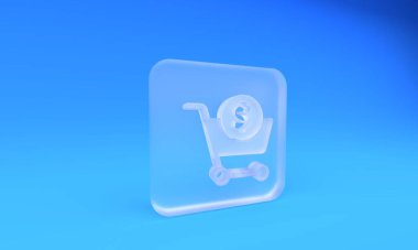 Buzlu cam alışveriş arabası ve mavi arka planda izole edilmiş dolar sembolü. İnternetten satın alma konsepti. Teslimat servisi. Süpermarket sepeti. Kare buzlu cam düğme. 3 Boyutlu resimleme.
