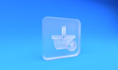 Mavi arka planda izole edilmiş işaretli buzlu cam alışveriş sepeti. Süpermarket sepeti onaylandı, onaylandı, tik takıldı, tamamlandı. Kare buzlu cam düğme. 3 Boyutlu resimleme.