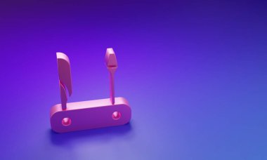 Pembe İsviçre çakısı ikonu mor-mavi arka planda izole edilmiş. Çoklu alet, çok amaçlı çakı. Çok fonksiyonlu bir alet. Minimalizm kavramı. 3 Boyutlu resimleme.