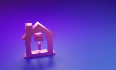 Pembe Ev, mor-mavi arka planda izole edilmiş koruma ikonu altında. Eve git ve kilitle. Koruma, güvenlik, güvenlik, koruma, savunma konsepti. Minimalizm kavramı. 3 Boyutlu resimleme.