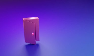 Mor-mavi arkaplanda izole edilmiş pembe kapalı kapı simgesi. Minimalizm kavramı. 3 Boyutlu resimleme.