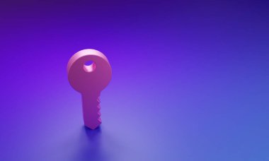 Pembe Ev anahtar simgesi mor-mavi arkaplanda izole edilmiş. Minimalizm kavramı. 3 Boyutlu resimleme.