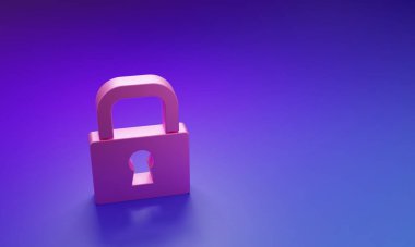 Mor-mavi arkaplanda Pembe Kilit simgesi izole edildi. Asma kilit işareti. Güvenlik, güvenlik, koruma, gizlilik kavramı. Minimalizm kavramı. 3 Boyutlu resimleme.