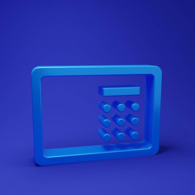 Mavi Güvenli simgesi mavi arkaplanda izole edildi. Kapı, şifreli bir banka kasası. Güvenilir Veri Koruma. Minimalizm kavramı. 3 Boyutlu resimleme.