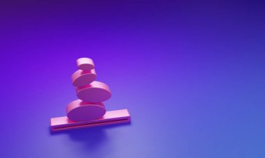 Pembe Yığın sıcak taşlar simgesi mor-mavi arkaplanda izole edilmiş. Spa salonu aksesuarı. Minimalizm kavramı. 3 Boyutlu resimleme.