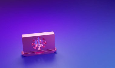 Mor-mavi arka planda izole edilmiş dizüstü bilgisayar ikonu üzerine pembe virüs istatistikleri. Corona virüsü 2019-nCoV. Bakteri ve mikroplar, hücre kanseri, mikrop, mantar. Minimalizm kavramı. 3 Boyutlu resimleme.