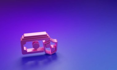 Mor-mavi arka planda izole edilmiş kalkan simgesi olan Pembe Para. Sigorta konsepti. Güvenlik, güvenlik, koruma, konsept koruma. Minimalizm kavramı. 3 Boyutlu resimleme.